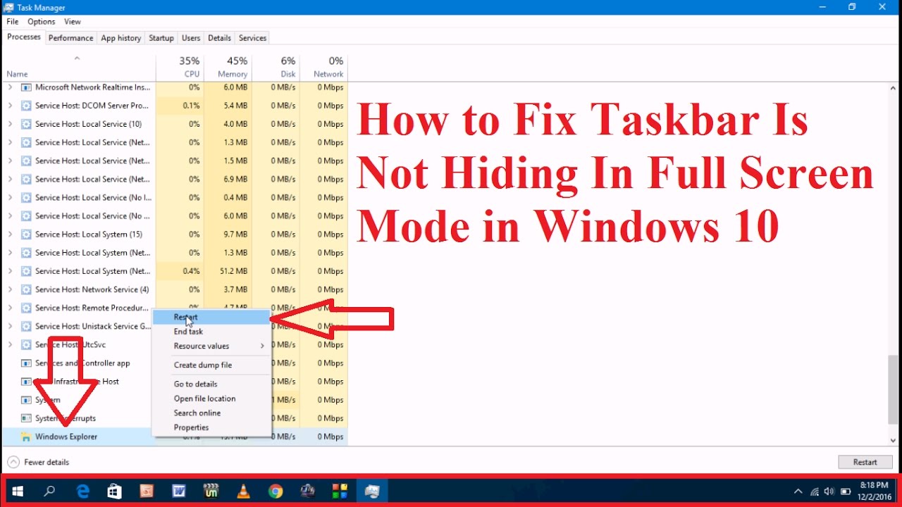 Windows 10 taskbar not hiding fullscreen video